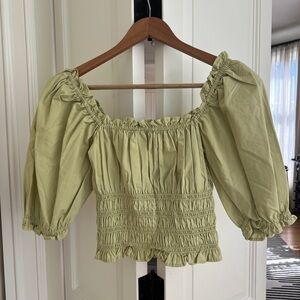 Levi's Sage Green Smocked Off-Shoulder Puff Sleeve Top